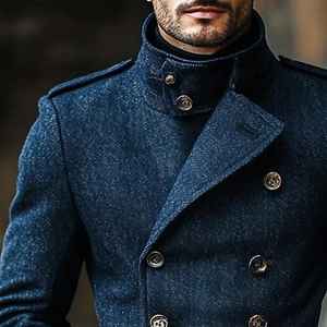 Manteau en laine pour homme, coupe ajustée, double boutonnage, col montant, bleu marine texturé, longueur mi-longue - Product Image 2