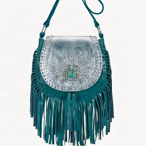 Hand-tooled Peacock Design Embellished Variety of Silver <b>Studs</b> Surrounding a Genuine Gemstone on a Hand-painted Cow Leather Flap - Product Image 1