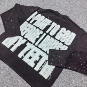 Sudadera de manga larga de doble capa con bordado de parches, pedrería, estampado y lavado ácido, estilo oversize, ropa streetwear personalizada - Product Image 3