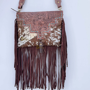 New <b>Unique</b> Designer Hand Tooled Carving Leather Fringe Tote Bag Stylish Purse Cowhide Fur Leather Bags for Women's Multi Use - Product Image 1