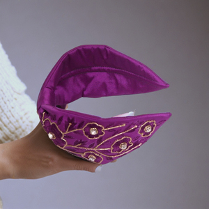Luxury Purple Floral Comfortable Embroidered Knot <b>Headband</b> Elegant <b>Beaded</b> Fabric Hairband for Women & Girls Boutique Collections - Product Image 2