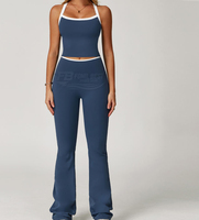 Ensemble de yoga rose deux pièces : haut court dos nu et pantalon évasé taille haute, couleur unie, respirant, écologique, séchage rapide, Spandex/Nylon
