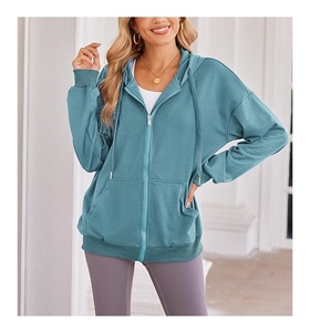 Sudadera con Capucha para Mujer, 100% Algodón, Manga Larga, Cuello Redondo, Hombros Caídos, Color Sólido, Cómoda, Casual, con Cierre, al Mejor Precio - Product Image 3