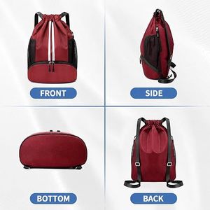 Red Canvas <b>Drawstring</b> <b>Backpack</b> with Mesh Side Pockets and Zippered Bottom Compartment 30-40L for Gym Sports Travel - Product Image 2