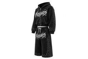 Ensemble sweat à capuche et pantalon imprimé avec strass, unisexe, coupe oversize, style hip-hop, noir, en molleton French Terry - Product Image 4