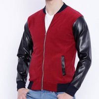 Jaket Varsity Merah Pria Dengan Lengan Kulit Asli Hitam, Penutup Ritsleting, Pakaian Kasual Musim Gugur
