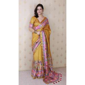 Sari en soie Tussar dorée Elite Weaves à imprimé floral avec bordure tissée Zari 500g pour robes de cocktail - Product Image 6