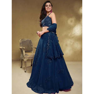 Navy Blue Sequins Georgette Ball Gown Reception Lehenga Choli with <b>Crystal</b> Beading - Product Image 5
