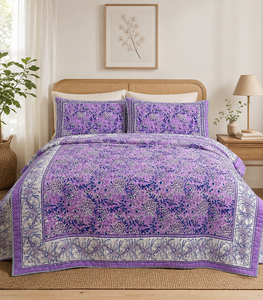 Juego de Edredón de Algodón 100% con Estampado Artesanal Indio, Color Lavanda, Floral, Reversible, Premium, Hecho a Mano, con 2 Fundas de Almohada - Product Image 1