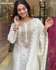 Nueva llegada: Conjunto de Kurti-Pant y Dupatta Banarasi con bordado y lentejuelas, ideal para festivales. Compra online en India. - Product Image 2