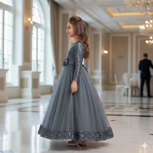 ชุดเดรสเด็กผู้หญิงสีเทาประดับเลื่อมขายดีที่สุดสำหรับงานแต่งงาน ชุดราตรีงานวันเกิดเด็กปักลายกำมะหยี่หรูหรา ชุดสำหรับงานพิธีการ - Product Image 3