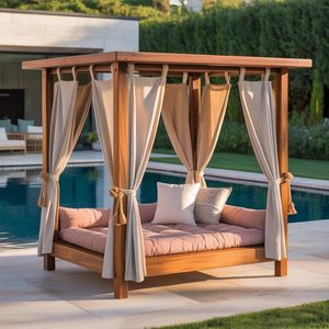 Cama de Día Tipo Cabana de Madera de Teca con Cortinas, Cojines de Espuma, Tumbona para Exteriores, Diseño Contemporáneo, Respaldo Sólido - Product Image 1
