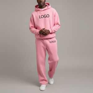 Chándal con capucha rosa para hombre, color sólido, manga larga, ropa informal con estampado de logotipo, bolsillos delanteros y laterales, corte regular, estilo otoñal - Product Image 1