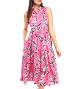 Robe courte en Polyester pour femme, sans manches, à volants, col Mandarin, couleur unie, imprimé de fleurs, rose