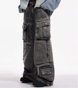 Pantalon cargo en toile délavée taille haute pour homme, style workwear, plusieurs poches, mi-saison, 100 % coton, braguette zippée - Product Image 2
