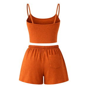 Conjunto de 2 Piezas para Mujer, Color Naranja, Top Corto sin Mangas con Cordón Ajustable y Pantalones Cortos, Tejido Sólido y Transpirable, Ropa Casual de Primavera/Verano - Product Image 2
