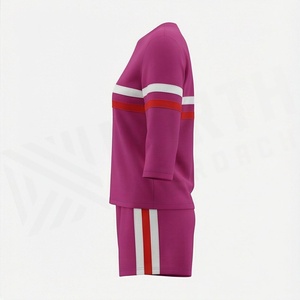 Women's 2 Piece Sporty <b>Knitted</b> <b>Set</b> Three Quarter Sleeve Top With Side Stripe Shorts Purple Color Blocked Spring Summer Wear - Product Image 3
