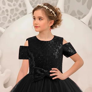 Robe de soirée de luxe pour enfants, en velours à sequins, broderie florale, robe noire pour mariage, communion et événements formels d'anniversaire - Product Image 5