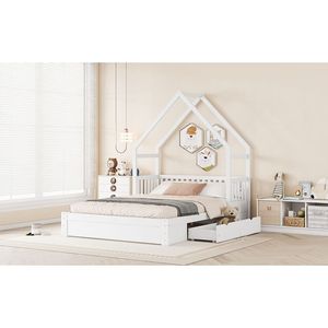 Letto a piattaforma in legno bianco queen size con sponda di sicurezza e 2 cassetti per la cameretta dei bambini - Product Image 6
