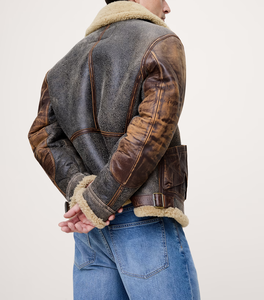 Veste aviateur vintage en cuir marron pour homme avec col en fourrure de mouton, style pilote usé, blouson motard d'hiver - Product Image 3