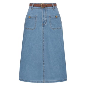 Light Blue Denim Skirt for Women Knee Length Jean Skirt Charm High Waisted Packet Stylish Belt Waisted - Product Image 3