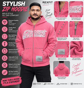 Men's <b>Pink</b> Oversized Zip-Up <b>Hoodie</b> With Rhinestone Logo Streetwear Fleece Hooded Sweatshirt Regular Fit Autumn Style - Product Image 3