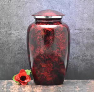 Urna Funeraria de Metal Rojo Carmesí de Lujo al por Mayor, Jarra Conmemorativa con Textura de Mármol Oscuro y Acabado Esmaltado Brillante - Product Image 1
