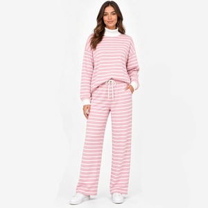 <b>Ladies</b> Comfortable Striped Mock Neck Oversized <b>Sweatshirt</b> Loose Wide Leg Drawstring Trousers Casual Two Piece Set - Product Image 3