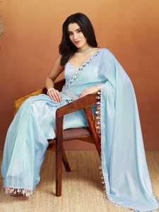 Elegante Sari de Seda Azul Claro para Mujer, Largo hasta el Suelo, para Bodas, Vestido Tradicional Étnico de India y Pakistán, para Todas las Temporadas - Product Image 1