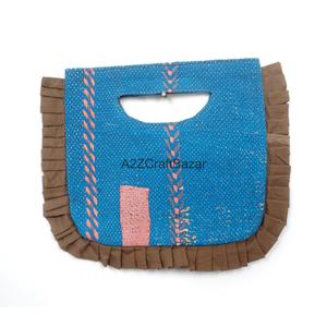 Ethnic Blue Textile <b>Handbag</b> With Brown Ruffles Cut Soft Handle Clasp Closure <b>Medium</b> Size Daily Use - Product Image 1
