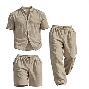 2026 Summer Vacation Style Men's Khaki 100% Cotton Satin Short Sleeve Shirt Long Pants Shorts Set Casual Beach 2pcs Quick Dry - Product Image 1