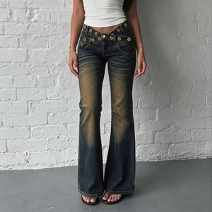 Streetwear Breathable Dark Washed Distressed Rivet V Waistband Metal Eyelets Denim <b>Jeans</b> Casual Women's - Product Image 1