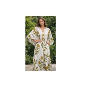 Floral Cotton Casual <b>Kaftan</b> Boho Tunic Dress <b>Plus</b> <b>Size</b> Indian Eco-Friendly Natural Waistline Loose Silhouette with Feathers - Product Image 4