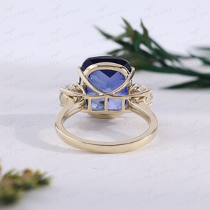 Vintage Blue Cushion <b>Ring</b> Brilliant Round Accent Gold 3 Stone Cocktail <b>Ring</b> Anniversary Jewelry - Product Image 4