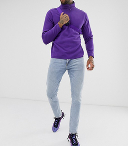 Sweat-shirt à col rond pour homme, couleur unie violet, coupe régulière, épaules tombantes, doublure en polaire, vêtements d'hiver - Product Image 1