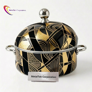 Olla de Acero Inoxidable de Lujo con Diseño Único en Negro y Dorado, Cazuela Aislada con Diseño Meena, Plato para Servir, Decoración Moderna para Mesa - Product Image 1