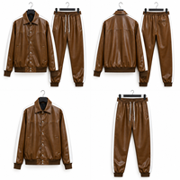 Ensemble veste bomber longue et pantalon en cuir PU marron pour homme, fermeture éclair frontale couleur unie, tenue décontractée d'automne, coupe régulière, style sport rapide