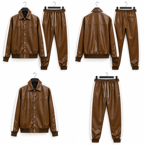 Men's Brown PU <b>Leather</b> <b>Long</b> Bomber <b>Jacket</b> Pants Set Front Solid Color Zipper Closure Casual Autumn Wear Regular Fit Speed Sports - Product Image 6