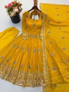 Costume Anarkali pour femmes, bleu ciel, brodé de motifs de paon, avec dupatta, tenue ethnique indienne et pakistanaise pour les fêtes, longueur au sol - Product Image 5