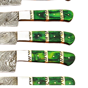 Ensemble de 7 couteaux de chef en acier Damas faits à la main avec manches en bois vert, couteaux professionnels de cuisine pour trancher, hacher et couper - Product Image 3