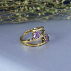 Rose <b>Gold</b> Plated Brass Amethyst <b>Cocktail</b> <b>Ring</b> with Single Natural Round Stone for Women - Product Image 4