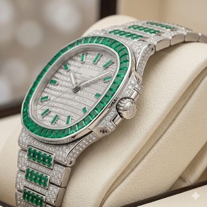 Reloj de Cuarzo Cuadrado Unisex Patak Philippe Geneve con Diamantes y Esmeraldas, 28 mm, Oro Blanco, Analógico, Cristal de Zafiro, Cronógrafo, Edición Limitada - Product Image 4
