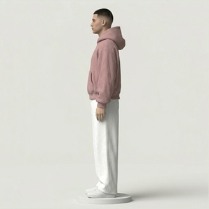 ชุดวอร์มเทคฟลีซแบบหนาพิเศษสำหรับผู้ชาย เสื้อฮู้ดดี้สีชมพูอมเทาขนาดโอเวอร์ไซส์ และกางเกงขายาวสีขาวทรงกระบอก ชุด 2 ชิ้น - Product Image 4