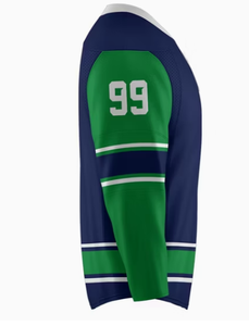 Maillot de hockey sur glace personnalisé pour hommes, manches longues, rayures bleu marine et vert, polyester respirant, col rond, uniforme adulte - Product Image 6