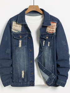 Chaqueta vaquera para hombre, azul, con lavado ácido y a la piedra, desgastada, con patchwork y rasgaduras, estilo casual urbano, cierre de botones, corte regular - Product Image 5