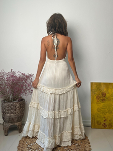 Boho Halter Neck Tiered Maxi Dress Women Sexy Backless Deep V-Neck for White Cotton Gauze Beach Sundress Smocked Waist Modern - Product Image 3