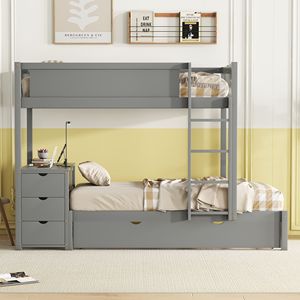 Letto a castello grigio con due letti singoli, letto estraibile con contenitore e scrivania per bambini - Product Image 2