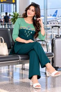 <b>Women</b> Green Color Block <b>Kurta</b> Top Palazzo Pants Set Elegant Ethnic Casual Two Piece - Product Image 2