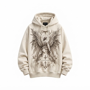 Sweat-shirt à capuche crème pour homme, imprimé ange, coupe oversize, streetwear ONEAPEX, vente en gros personnalisée - Product Image 4