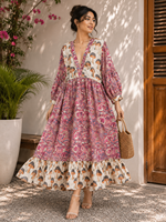 Robe d'été décontractée en coton à imprimé champignons, manches lanternes, ourlet à volants, coupe ample en A, style bohème, col en V, longueur midi